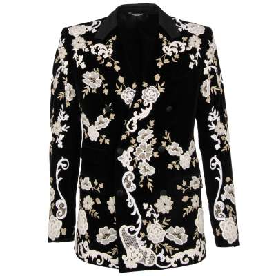 Floral Lace Embroidered Velvet Blazer SICILIA Black White 46 S