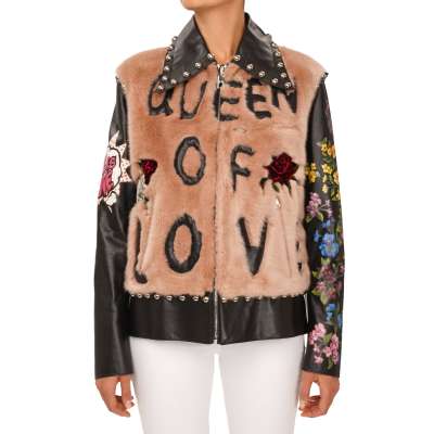 Queen of Love Rose Leather Fur Jacket Black Beige 44 M