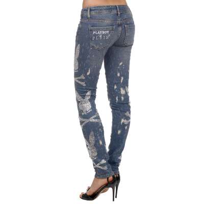 Playboy Crystal Bunny Slim Fit Distressed Jeans Blue