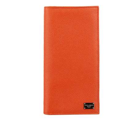 Large Dauphine Leather Wallet with Pockets and Logo Plate Orange