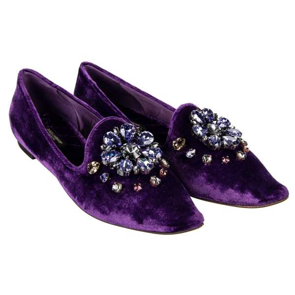Velvet Ballet Flats ALADINO with crystal brooch in purple by DOLCE & GABBANA