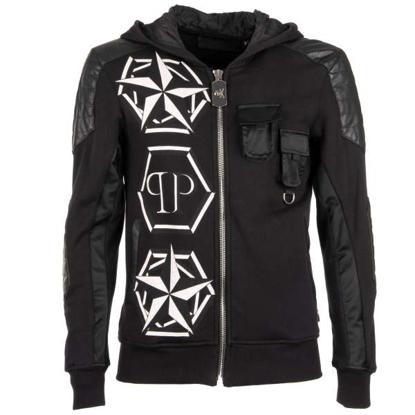 Hooded Jacket / Hoodie STRONG MAN with logo print, crystals falcon at the back and pockets by PHILIPP PLEIN