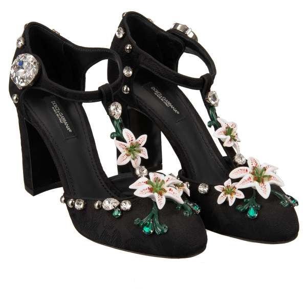 Brocade Ankle Strap Pumps VALLY in pink with hand painted lily flowers, crystals and pearls in black by DOLCE & GABBANA