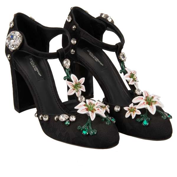 Fesselriemen Pumps VALLY aus Brokat und Leder mit Hand-bemahlten Lilien Blumen, Kristallen und Perlen in Schwarz von DOLCE & GABBANA