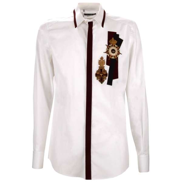 Cotton shirt with coat of arms crown embroidery and contrast elelments in white by DOLCE & GABBANA