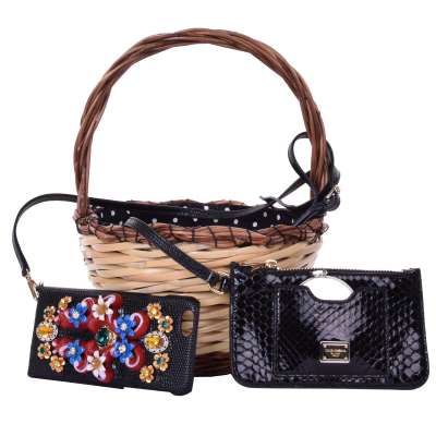 Straw Basket Tote AGNESE with Snakeskin Pouch Brown Black