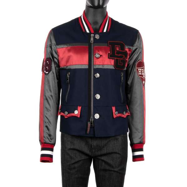 College Jacke mit DG King Logo, Stickerei, Applikationen, dekoativen Knöpfen und Taschen von DOLCE & GABBANA