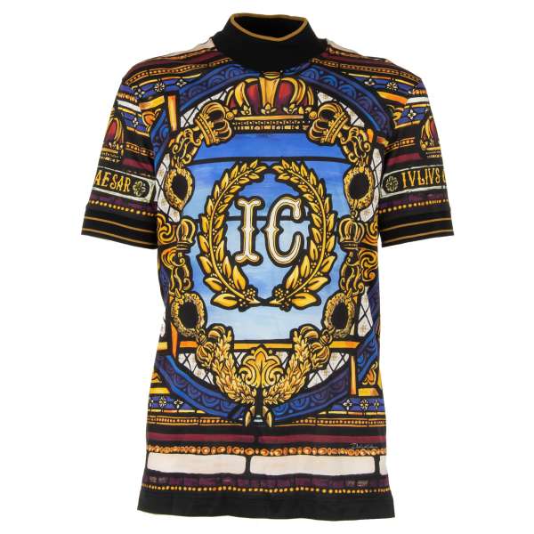Cotton T-Shirt with Julius Caesar and Crown print, ripped details with stripes in blue, yellow and black by DOLCE & GABBANA