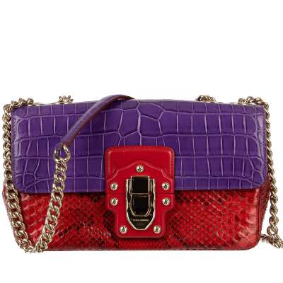 Croco Snake Leather Shoulder Bag LUCIA with Chain Strap Red Purple