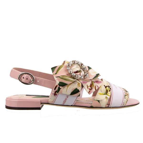 Silk Blend Lily Pattern Sandals BIANCA embellished with crystal bow brooch and DG Logo in pink by DOLCE & GABBANA 
