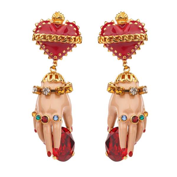 "Mani" Hands Clip Earrings adorned with crystals, sacred heart and bracelet in red and gold by DOLCE & GABBANA