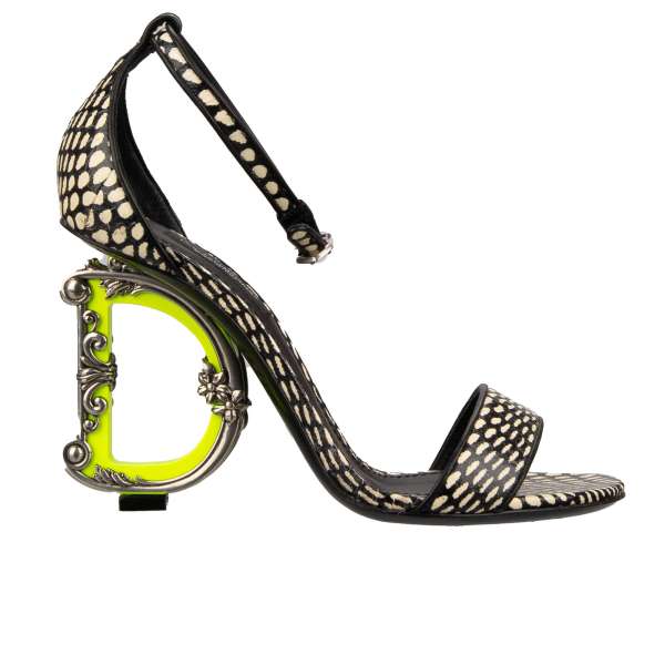 Snake pattern leather High Heel Sandals KEIRA with DG logo as heel in neon yellow, black and white by DOLCE & GABBANA