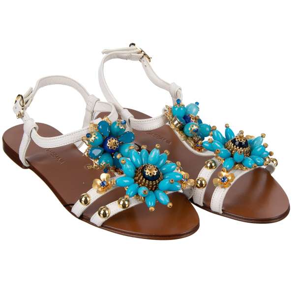 Flat lizard textured leather strap sandals INFRADITO with crystals, stones and brass brooches by DOLCE & GABBANA