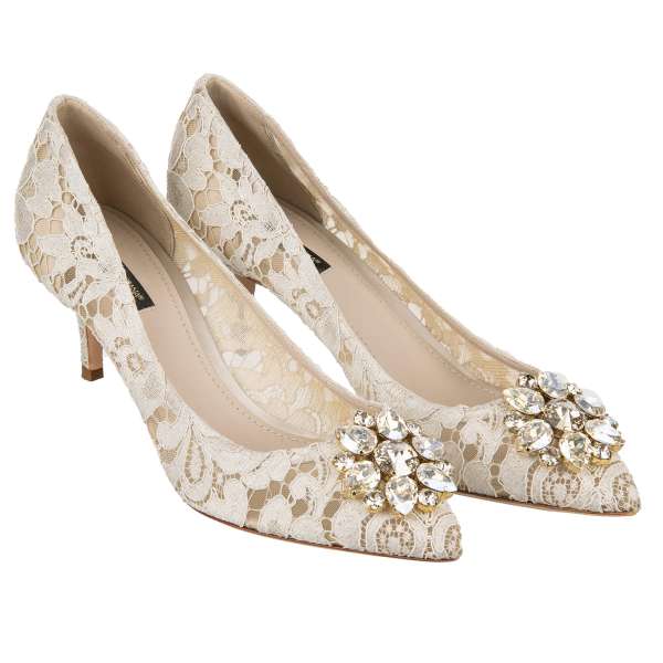 Taormina lace pointed Pumps BELLUCCI with crystals brooch in beige by DOLCE & GABBANA