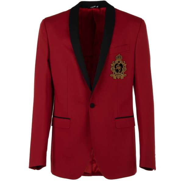Virgin Wool Blend blazer NAPOLI with crown and logo pearls and goldwork embroidery in black and red by DOLCE & GABBANA