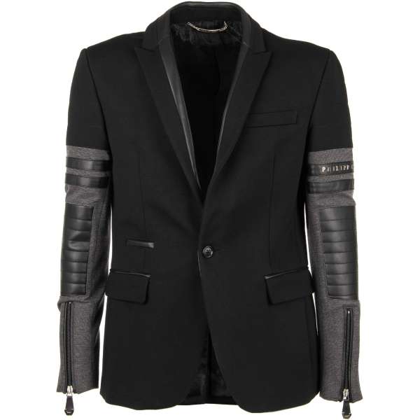 Jacket / Blazer PLACE made of woven fabric with leather details, zips, logo and contrasting jersey inserts by PHILIPP PLEIN