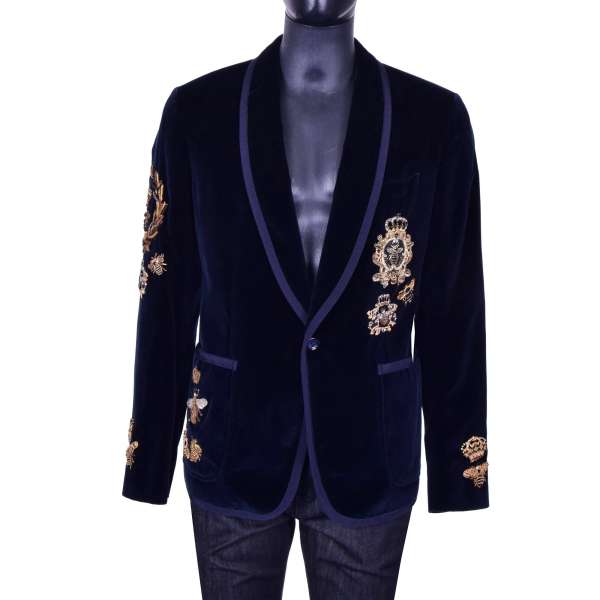 Mit Kronen, Bienen und Wappen von Hand bestickter Blazer aus Samt mit rundem Revers von DOLCE & GABBANA Black Label