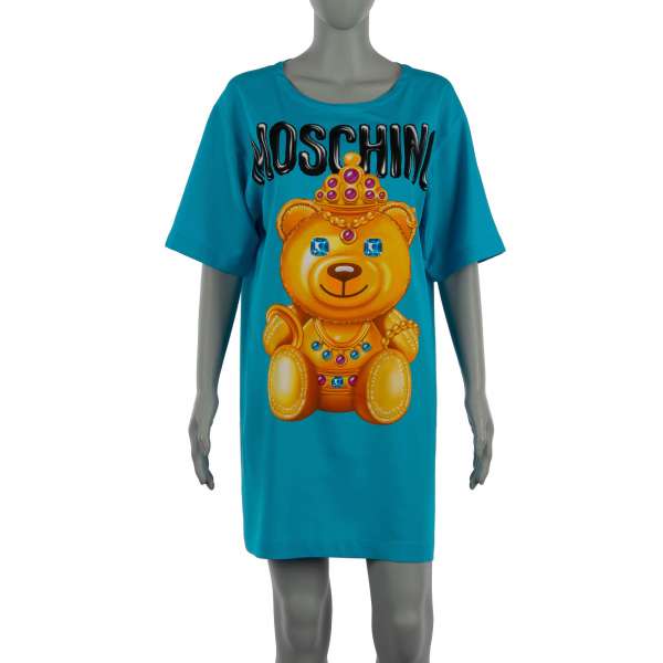 Short and elastic rayon (artificial silk) T-Shirt dress with King Bear and large Logo print by MOSCHINO COUTURE