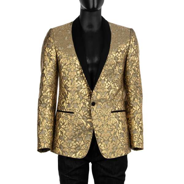 Baroque style, floral jacquard tuxedo blazer with round velvet collar in gold and black colors by DOLCE & GABBANA Black Label