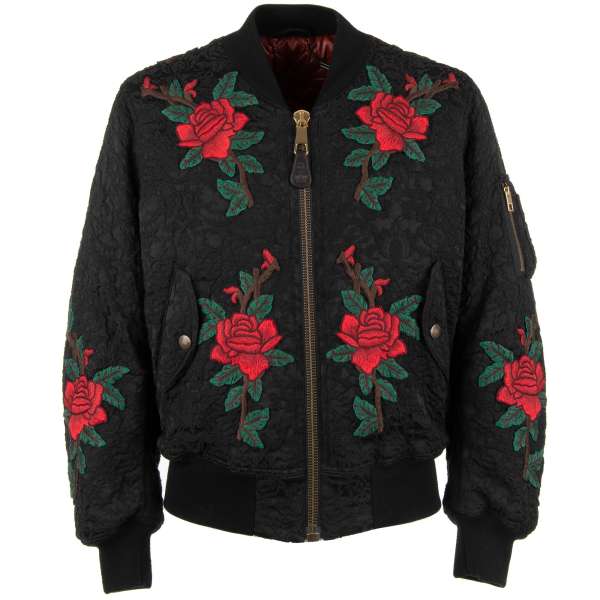 Stuffed jacquard bomber jacket with embroidered roses and pockets by DOLCE & GABBANA