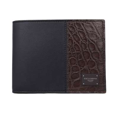 Crocodile Leather Wallet with Logo Plate Brown Black