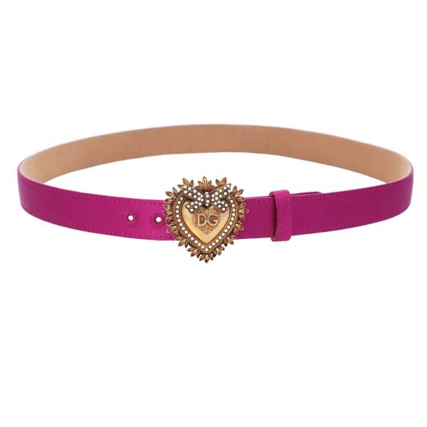 DEVOTION silk and leather Belt embellished with Pearl Metal Heart in purple and gold by DOLCE & GABBANA 