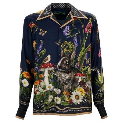 DG Logo Polka Dot Flower Rabbit Print Silk Shirt Blue