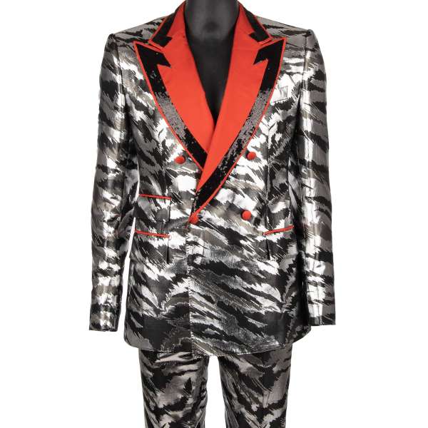 Metallic jacquard double-breasted suit with sequins and peak lapel in silver, black and red by DOLCE & GABBANA 