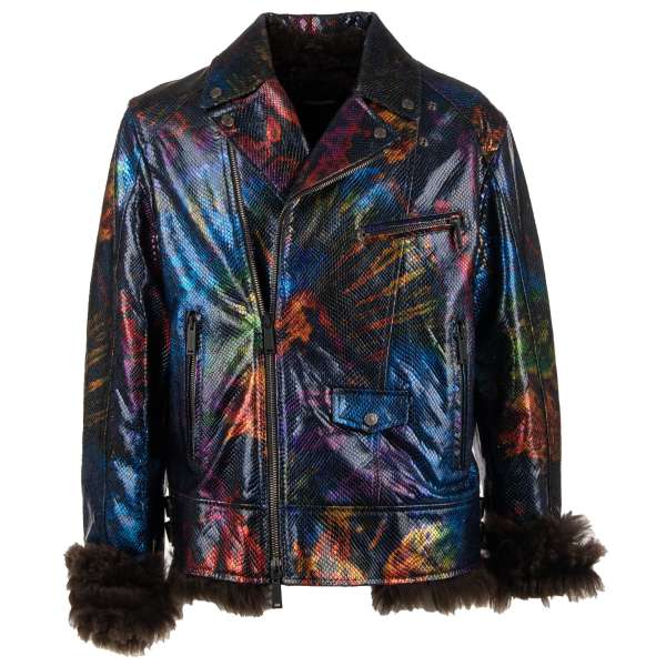 Metallic Snake Pattern Goat Leather Biker Jacket with lamb fur lining in cosmic colors blue, purple, green, red and black by DSQUARED2