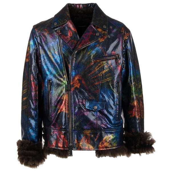 Einzigartige glänzende Jacke aus Ziegenleder mit Schlangen Struktur, Lammpelz Futter in kosmischen Farben Blau, Lila, Rot, Grün und Schwarz von DSQUARED2