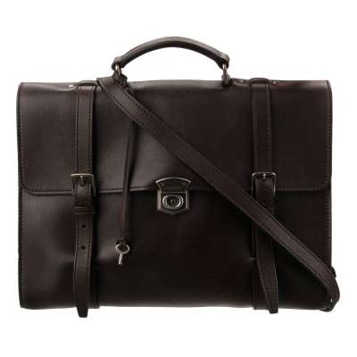 Leather Briefcase Crossbody Bag Metal Lock Brown