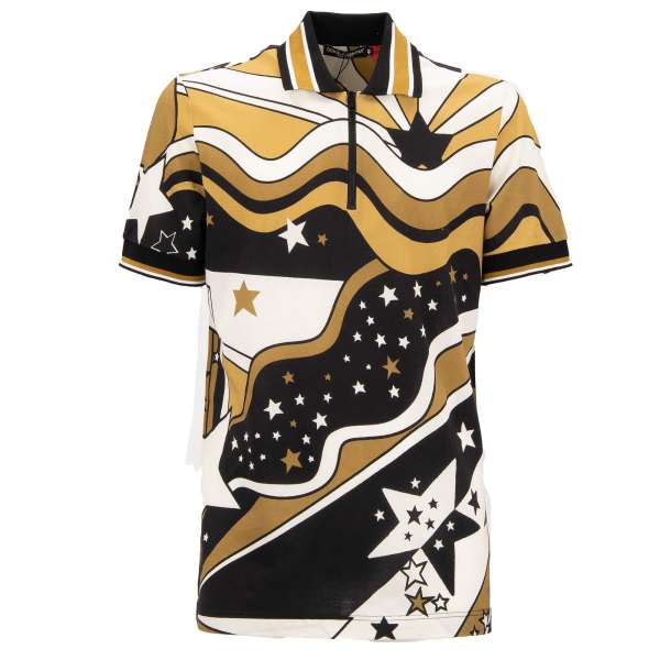 Cotton Polo Shirt with stars print, DG King collar and zip closure in black and white by DOLCE & GABBANA