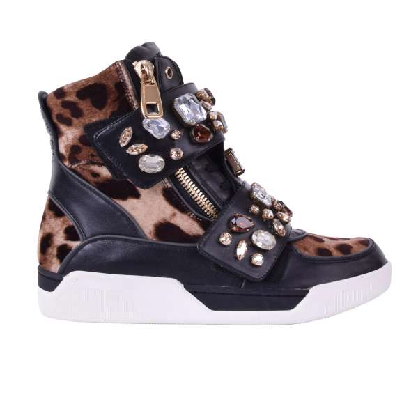 Calfskin and velvet, leopard printed High-Top Sneaker with double zip and crystals embellished velcro fastening by DOLCE & GABBANA Black Label