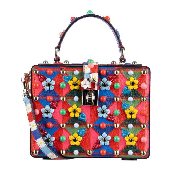 Dauphine leather shoulder bag / tote / clutch DOLCE BOX with Carretto Siciliano Print, Studs, Crystals and flowers applications and a decorative padlock by DOLCE & GABBANA