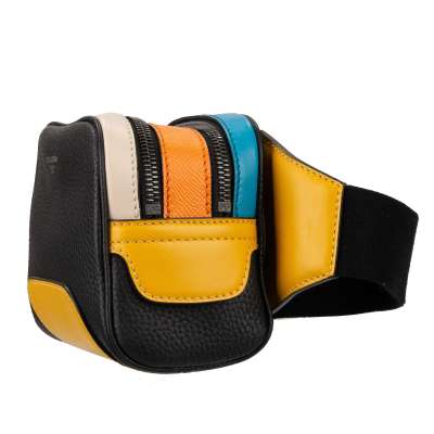 Small Leather Waist Bag with Zip Pockets and Logo Black Yellow Orange