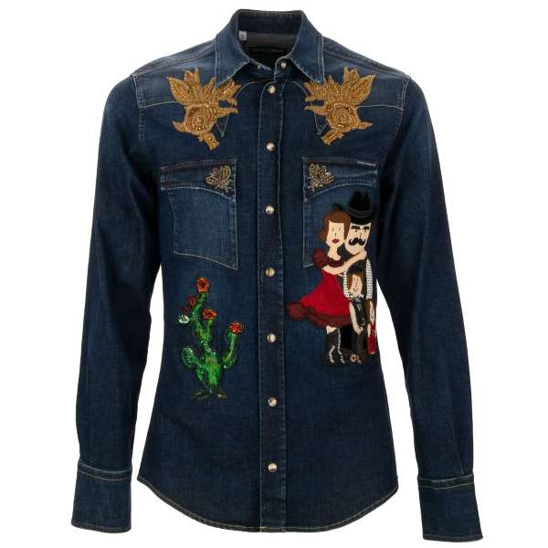 Jeans / Denim Hemd in Blau mit Gold-Stickerei, Rosen, Kristall Bienen, Kaktus und DG Family Applikationen, Verschluss mit Druckknöpfen und zwei Taschen vorne in Blau von DOLCE & GABBANA 