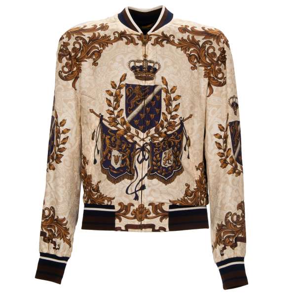 Bomberjacke aus Seide mit Barock Löwe Kronen Motiv Print in beige und blau von DOLCE & GABBANA