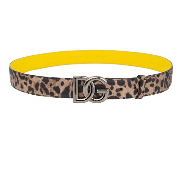 Leopard pattern dauphine leather belt with metal DG log buckle in brown, yellow and black by DOLCE & GABBANA x KHALED KHALED 