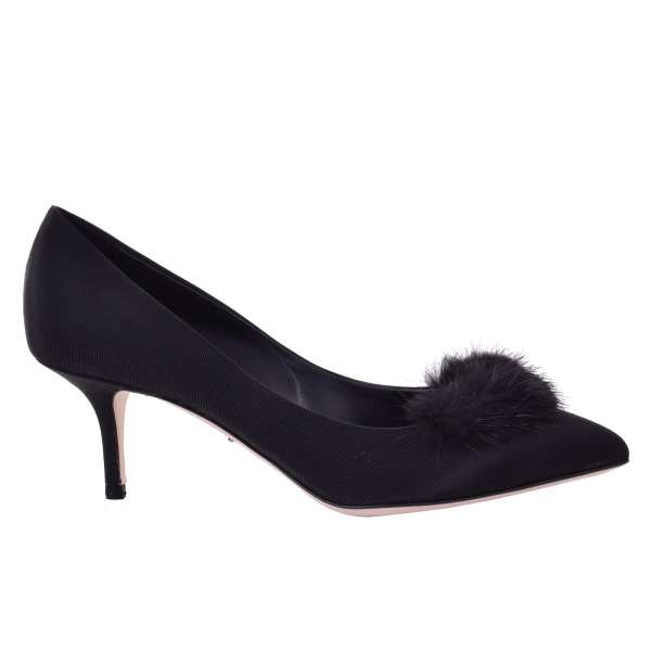 Classic medium heel gros grain silk pumps BELLUCCI with Mink Application by DOLCE & GABBANA Black Label