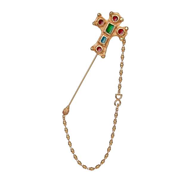Men Cross Brooch / Jacket Lapel Pin with enamel and chain in green, red and gold by DOLCE & GABBANA