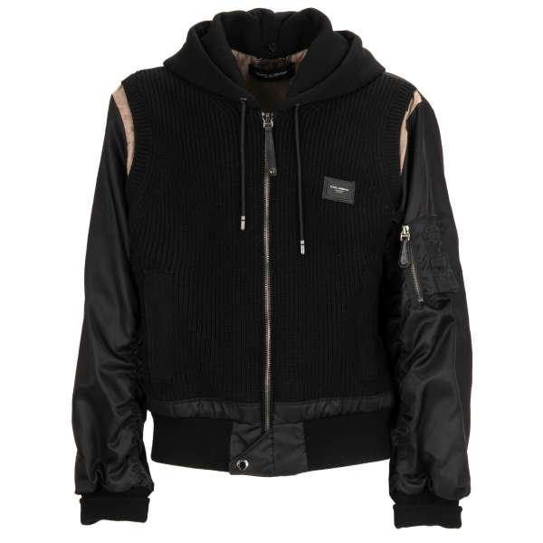 Padded bomber jacket made of knitted cotton and nylon with detachable hood, logo plate and pockets by DOLCE & GABBANA