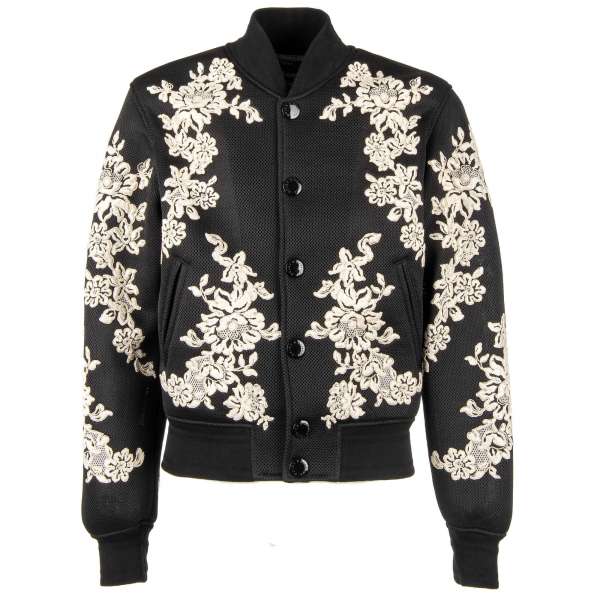 Floral embroidered, perforated bomber jacket with snap buttons by DOLCE & GABBANA