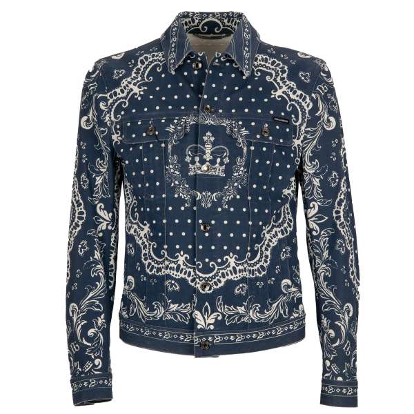Bandana and crown printed denim / jeans jacket with pockets and logo plate by DOLCE & GABBANA