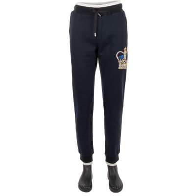 Cotton Jogging Pants with Embroidered Crown and Logo Blue 52 L