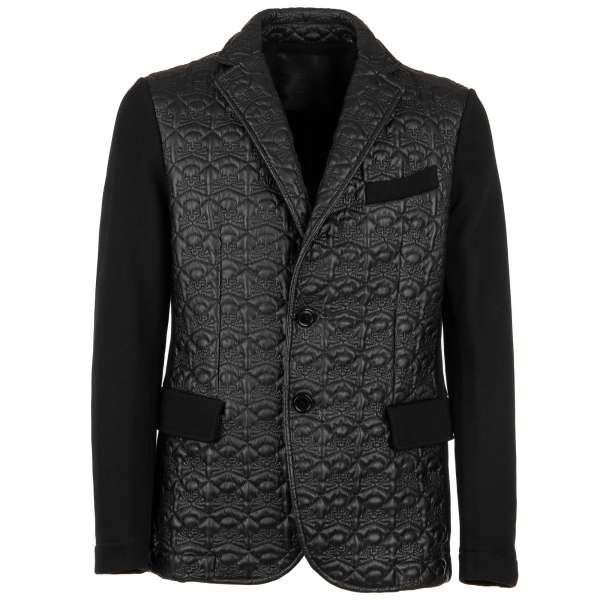 Jacket / Blazer SUE made of woven fabric and imitation leather with skull texture and large crystals skull at the back by PHILIPP PLEIN