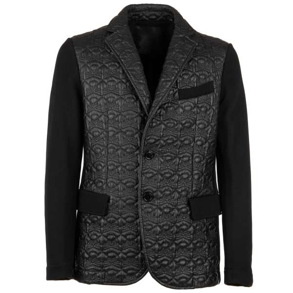 Jacke / Blazer SUE aus Webstoff und Kunstleder mit Totenkopf Textur und großem Totenkopf aus Kristallen am Rücken von PHILIPP PLEIN