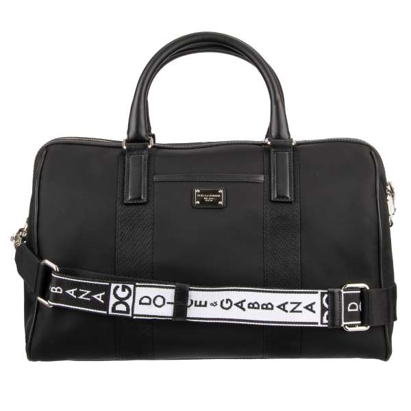 Nylon Weekender / Travel Bag with leather details, logo strap, logo plate and pocket by DOLCE & GABBANA