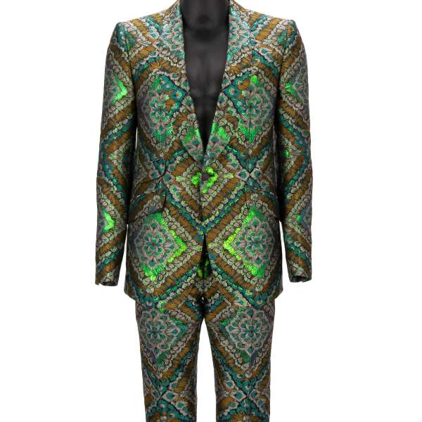 Peacock pattern jacquard single-breasted suit with shawl lapel in green, gray, blue and gold by DOLCE & GABBANA