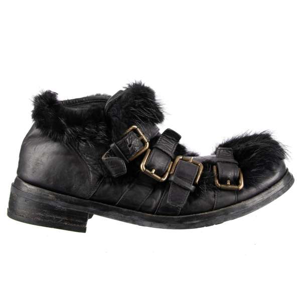 Low-Boots SAN PIETRO made of horse leather with buckles closure and fur trim by DOLCE & GABBANA