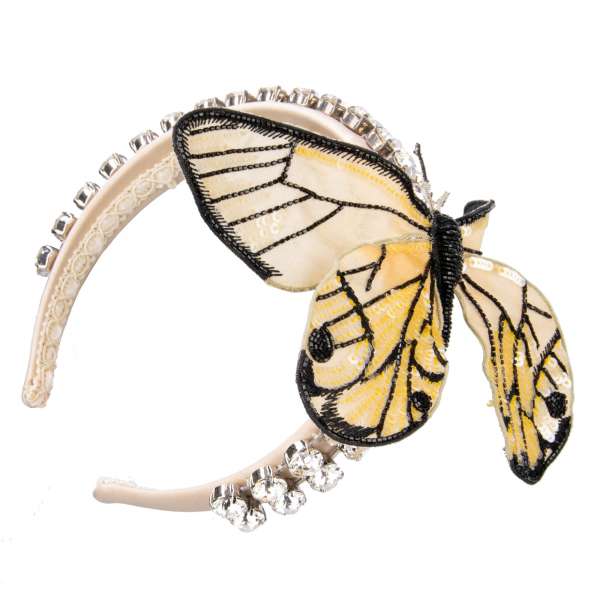 Silk Hairband embelished with hand embroidered sequined butterfly and crystals in beige by DOLCE & GABBANA